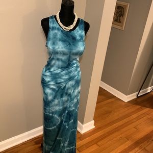 Boho Stretch tie dye blue maxi Racerback dress and off white beaded necklace S/M
